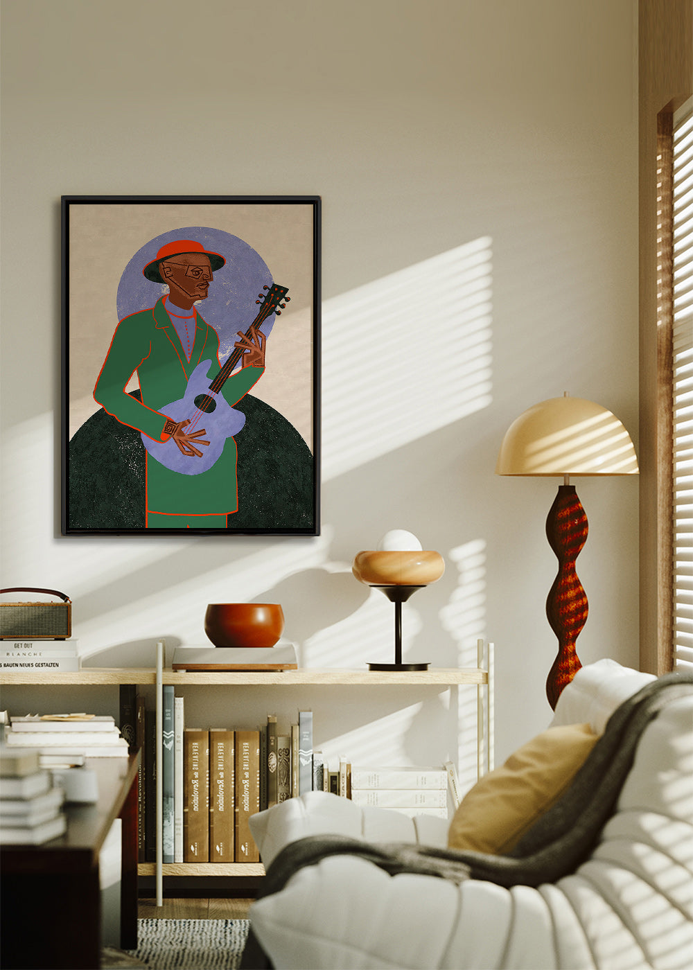 Illustration af musiker med guitar og halo – Canvas1