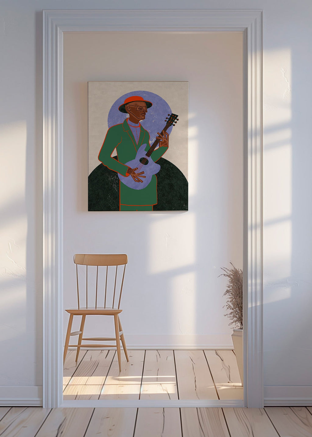 Illustration af musiker med guitar og halo – Canvas