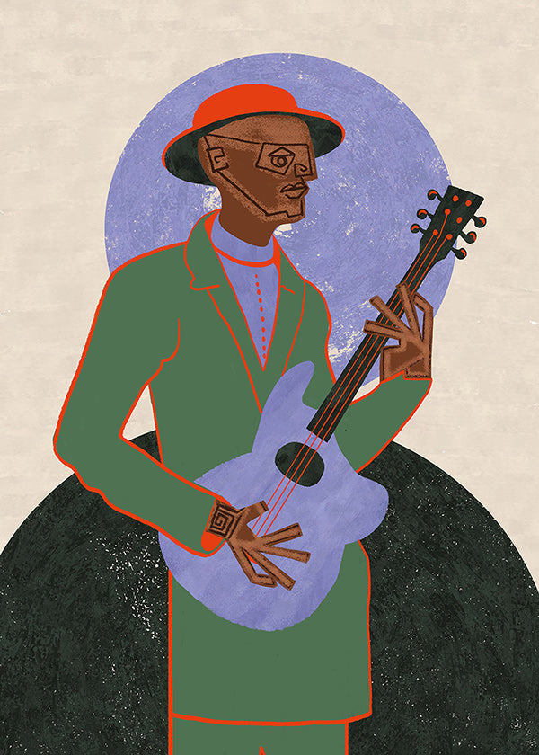 Illustration af musiker med guitar og halo