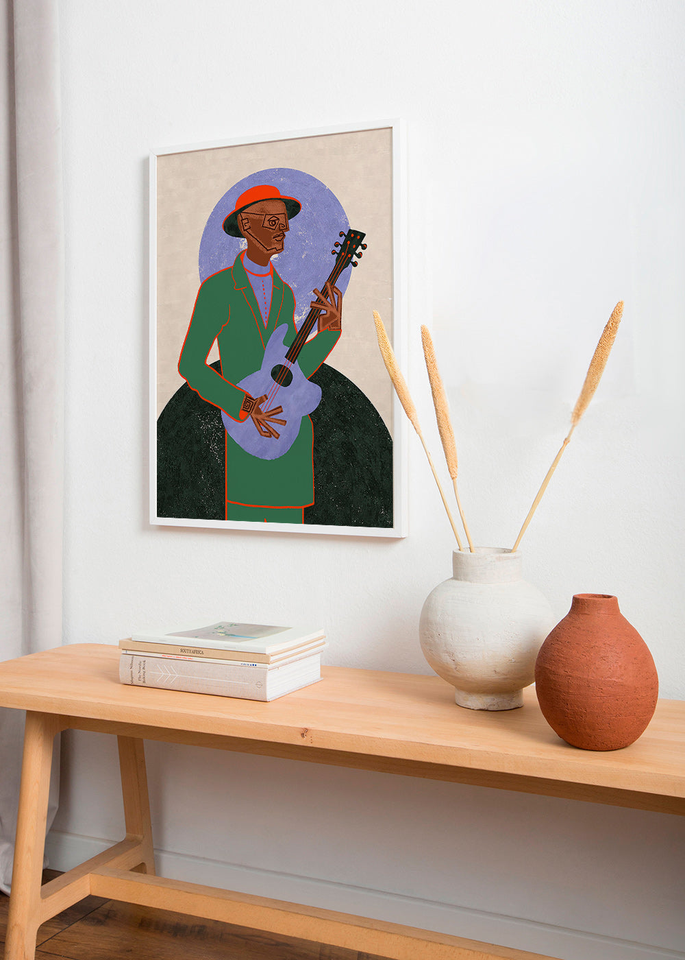 Illustration af musiker med guitar og halo – Product1
