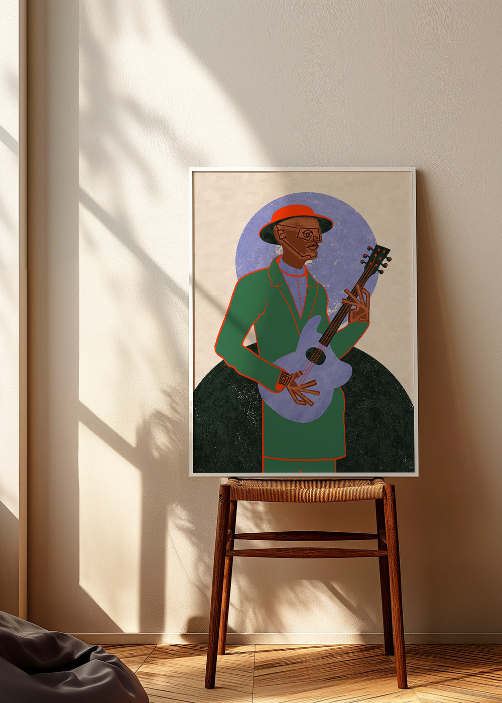 Illustration af musiker med guitar og halo – Product3