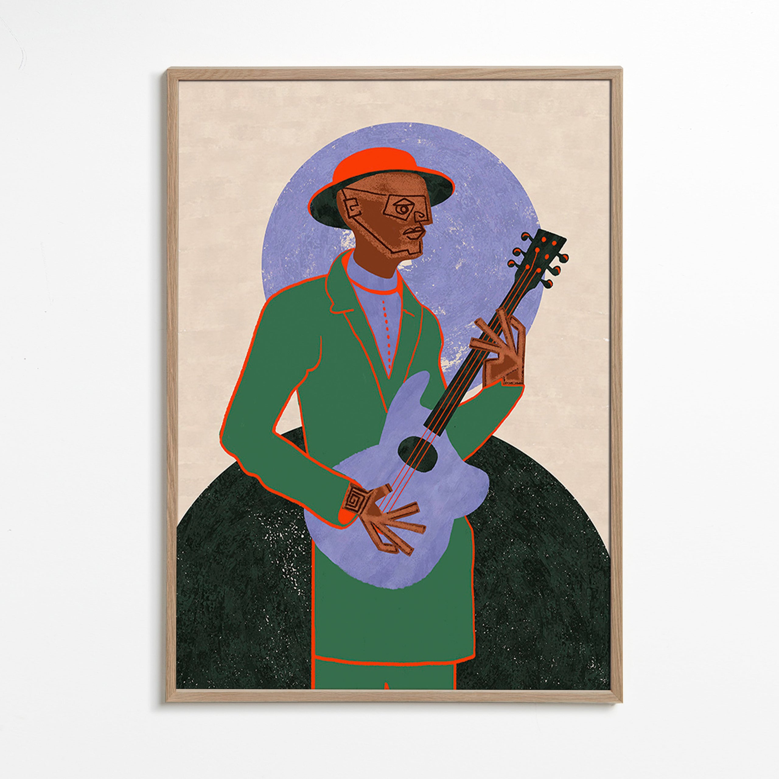 Illustration af musiker med guitar og halo – Oak Frame