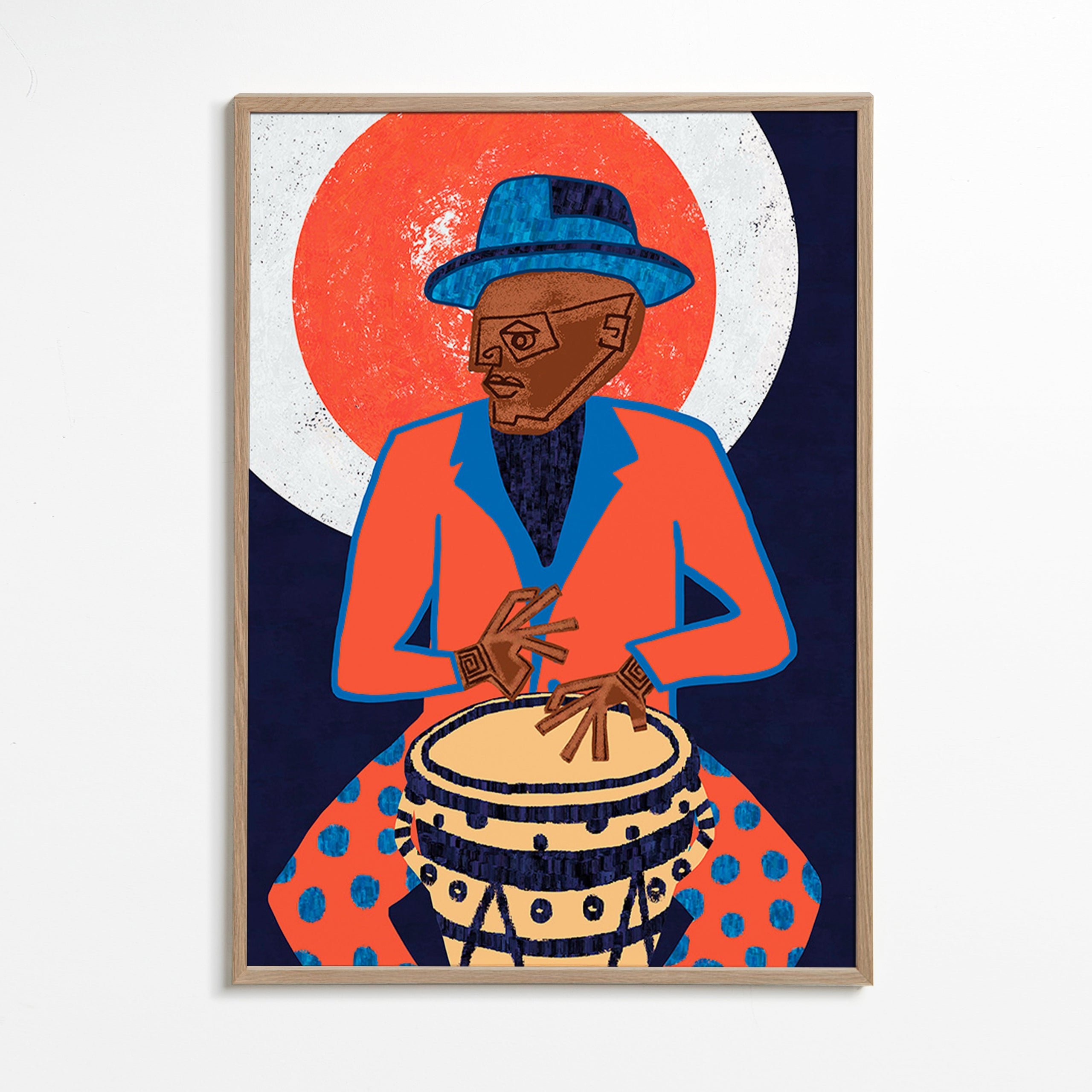 Illustration musiker med tromme i stærke farver – Oak Frame