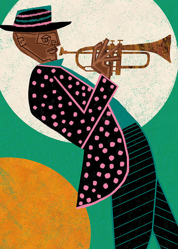Illustration trompetmusiker under månen