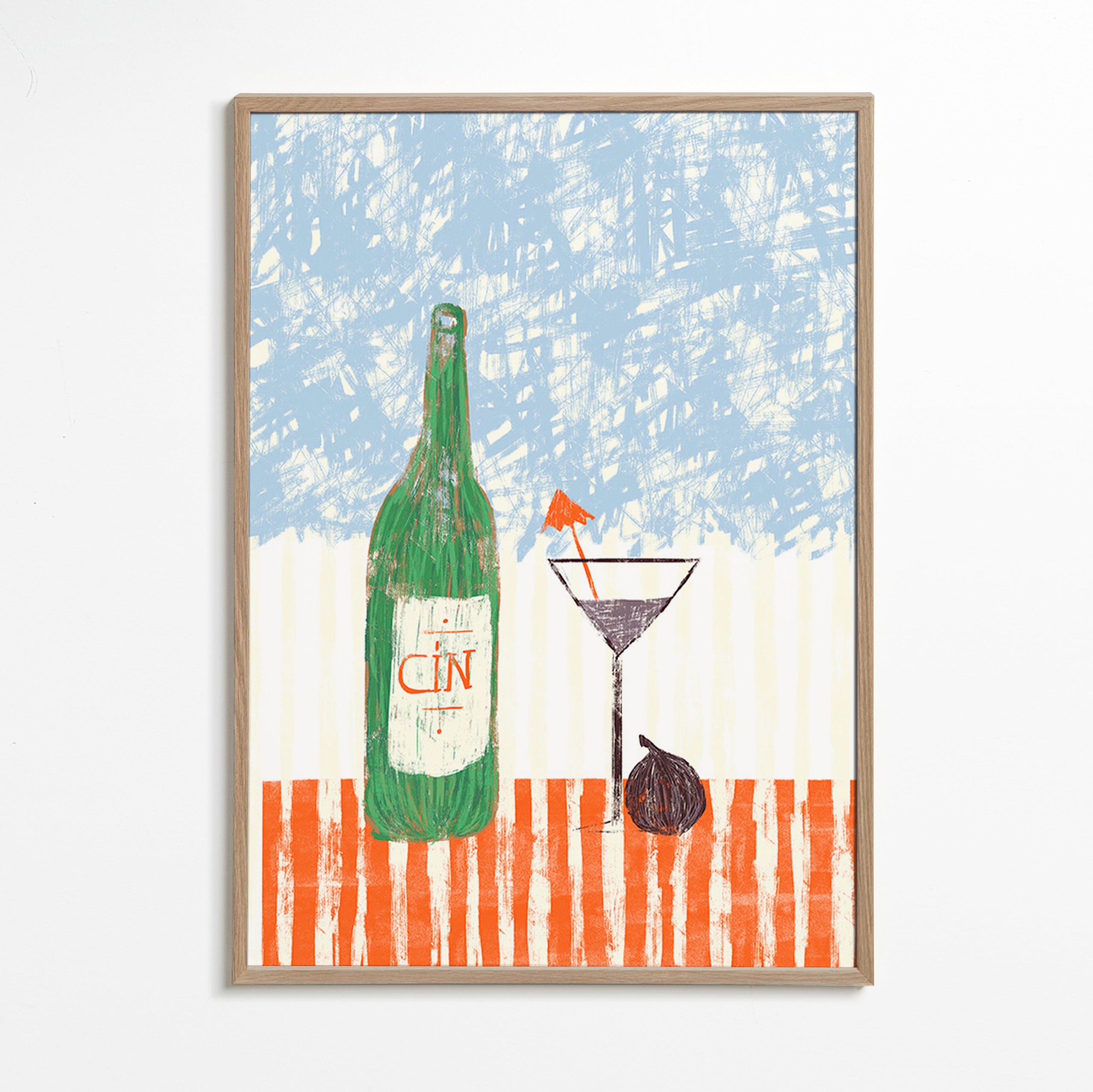 Køkkenkunst med illustreret ginflaske – Oak Frame