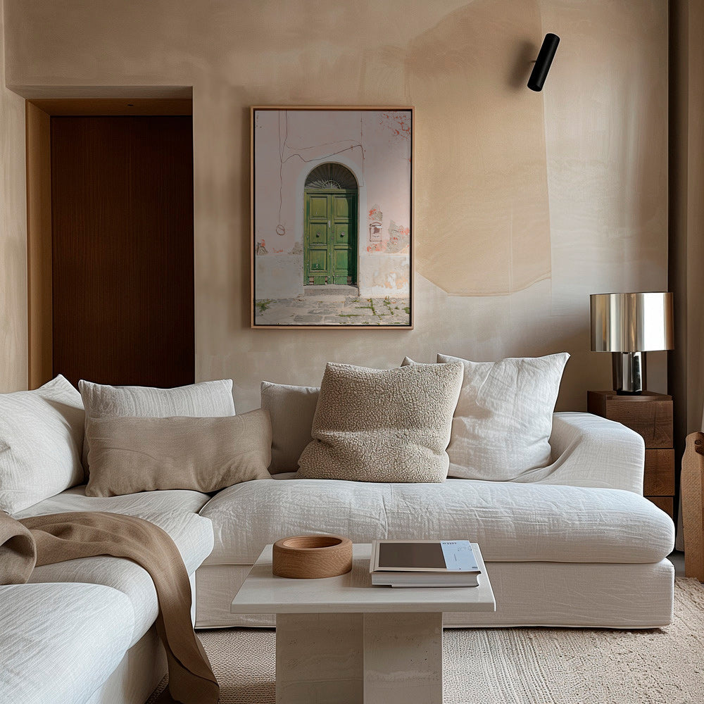 Køkkenkunst: grøn dør i rosa facade – Canvas2