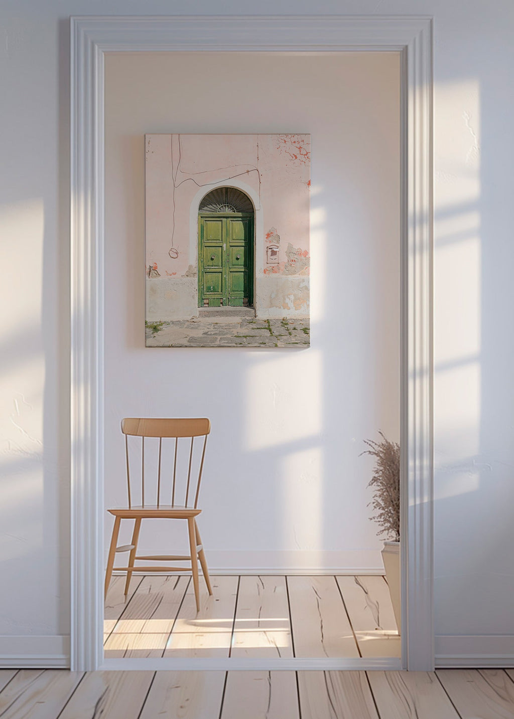 Køkkenkunst: grøn dør i rosa facade – Canvas