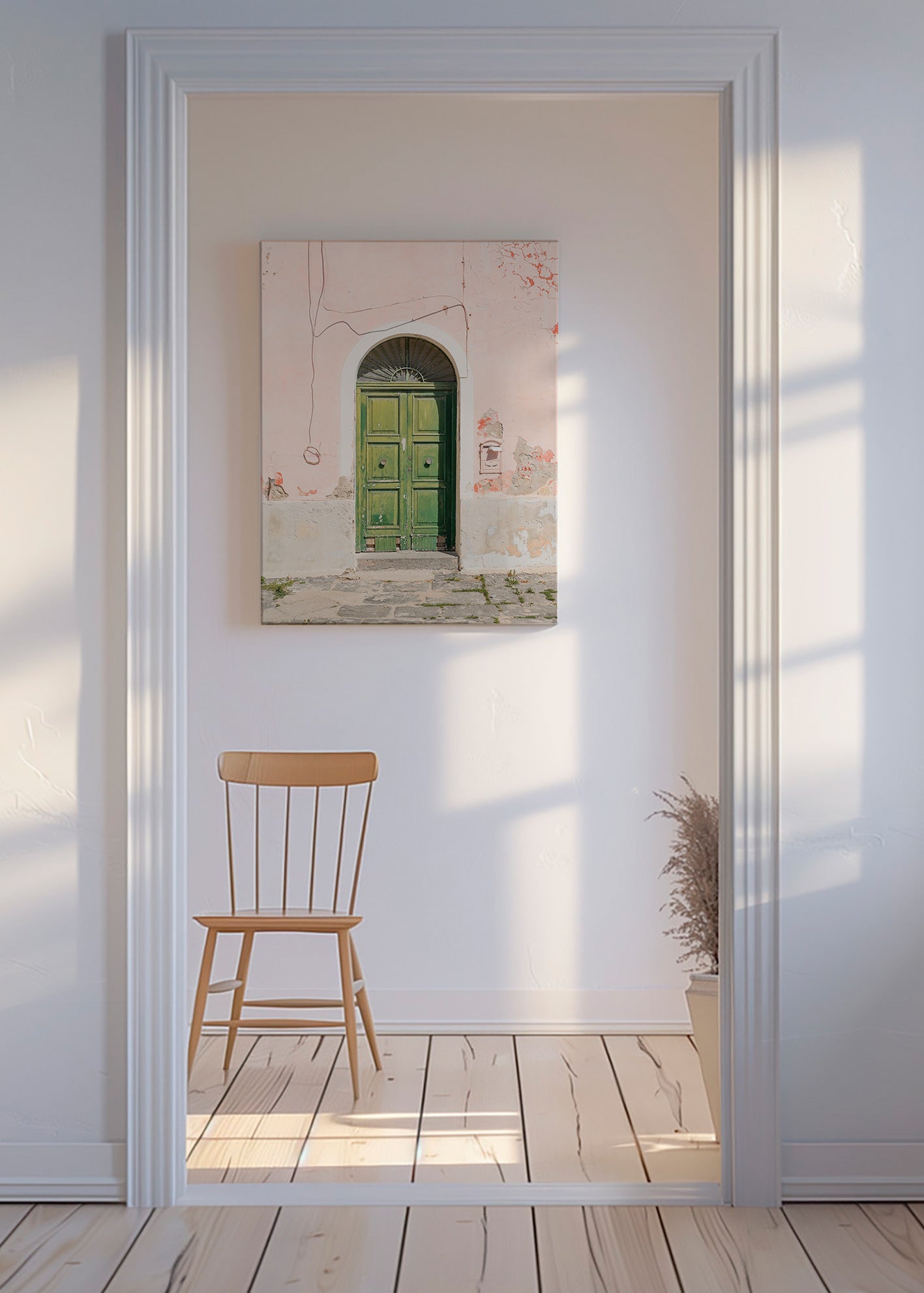 Køkkenkunst: grøn dør i rosa facade – Canvas