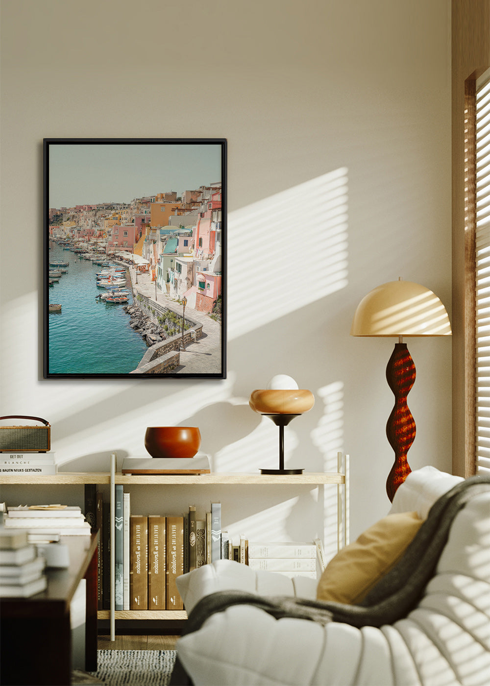 Rejseplakat Procida havn i pastelfarver – Canvas2