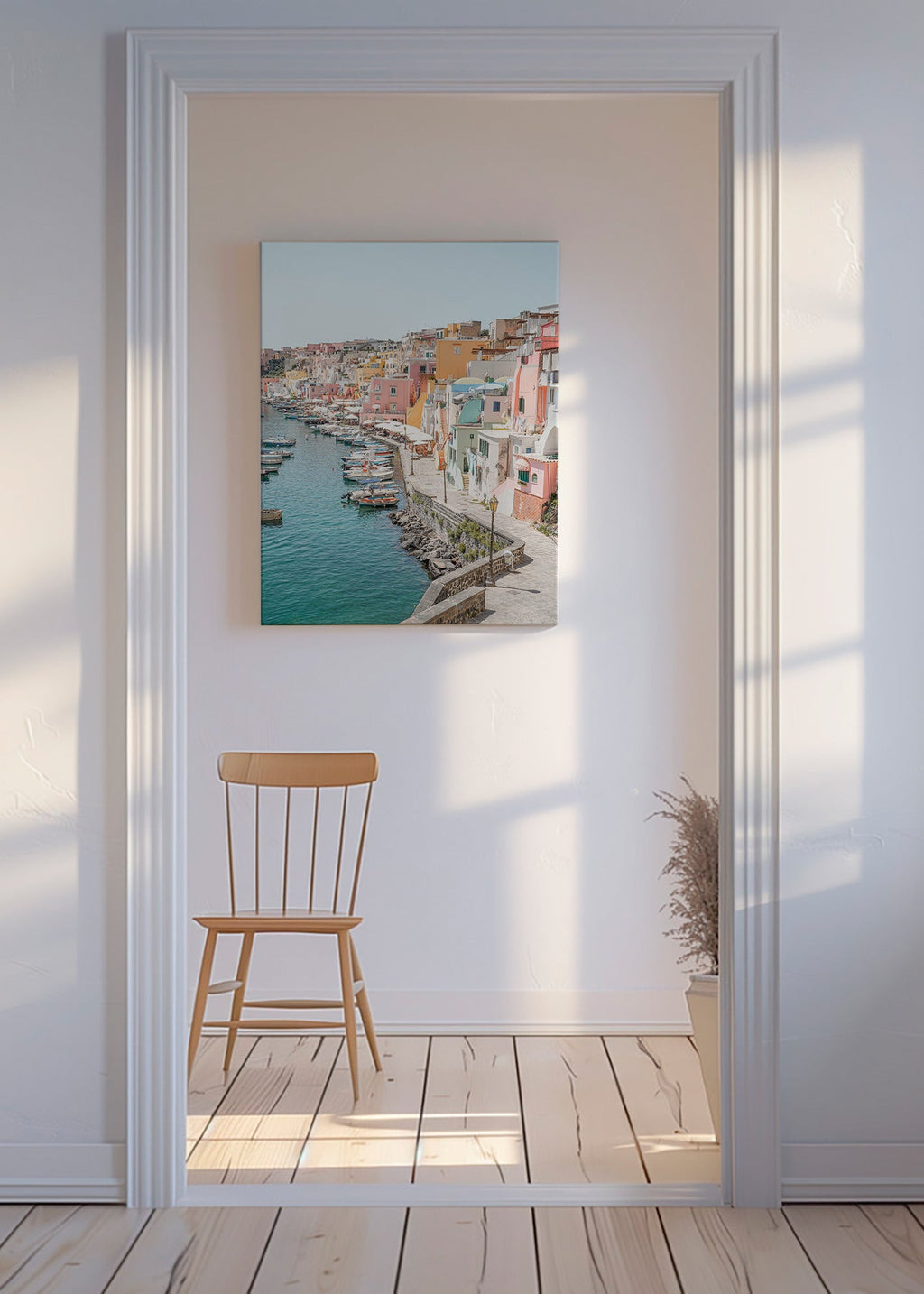 Rejseplakat Procida havn i pastelfarver – Canvas