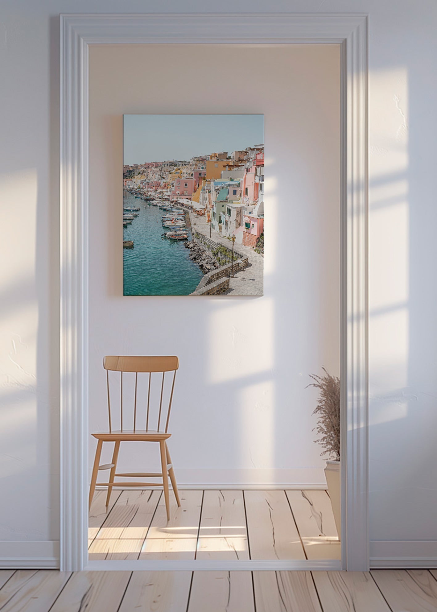Rejseplakat Procida havn i pastelfarver – Canvas
