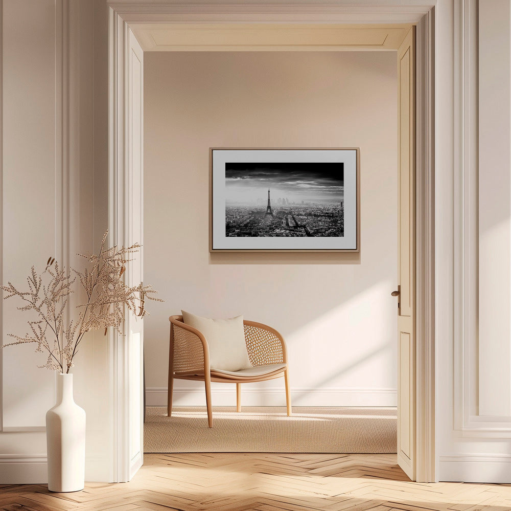 Køkkenkunst: Eiffeltårn i sort-hvid bybillede – Canvas1