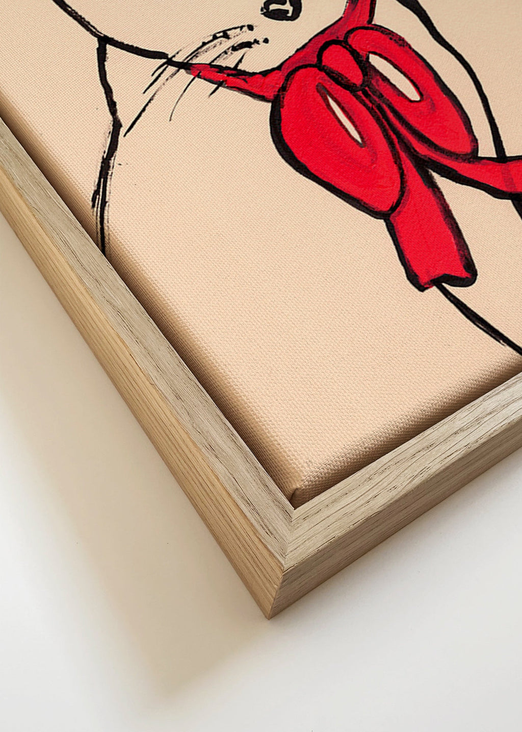 Kat billede med rød sløjfe og løs streg – Canvas detail