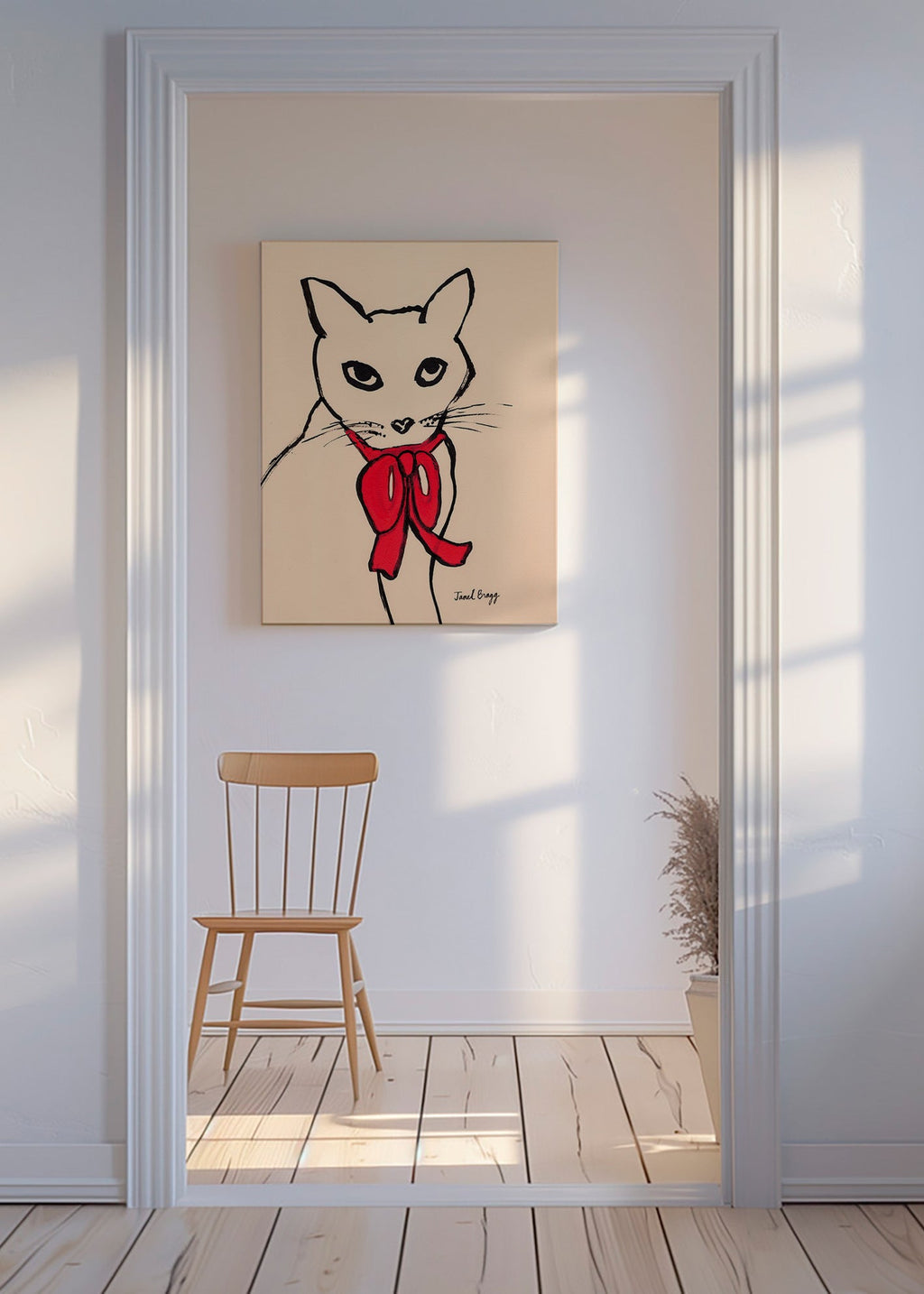 Kat billede med rød sløjfe og løs streg – Canvas