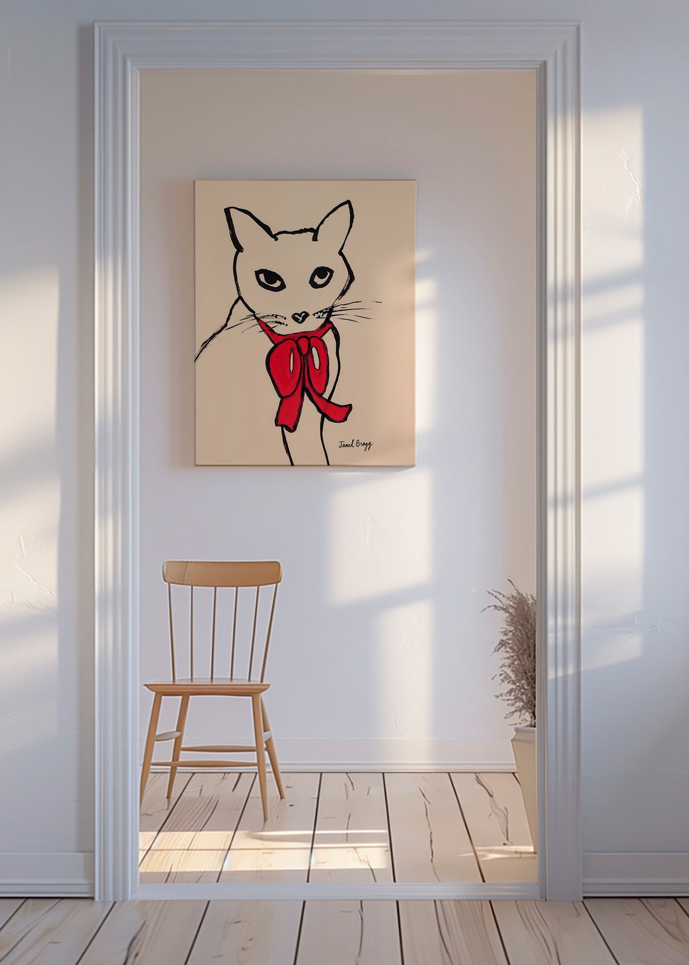 Kat billede med rød sløjfe og løs streg – Canvas