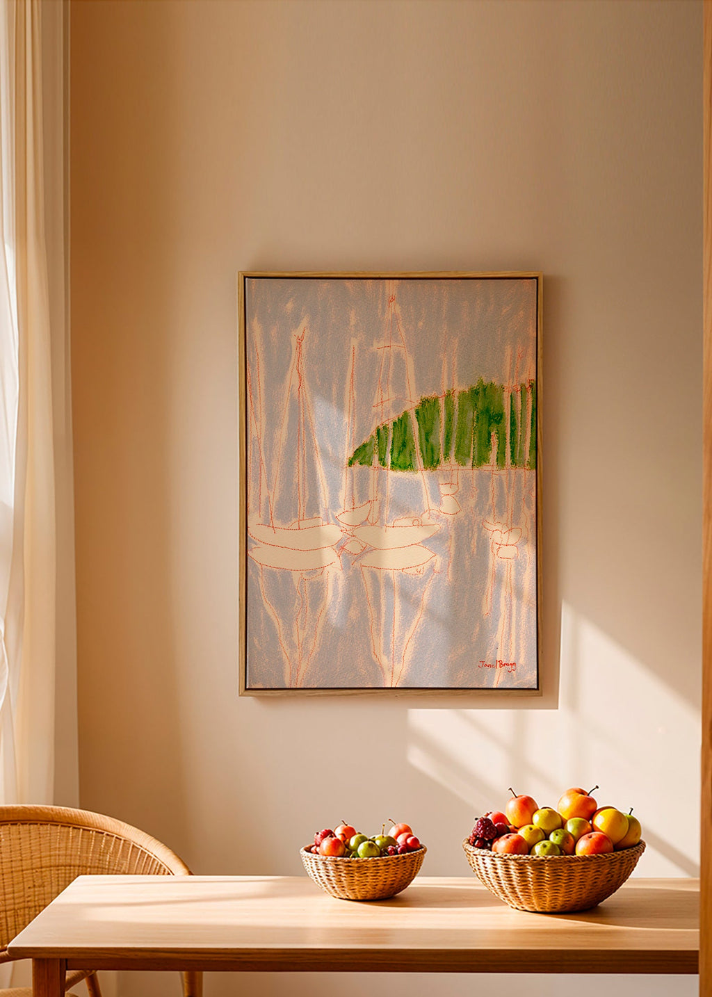 Landskabskunst med sejlbåde og grøn bakke – Canvas1