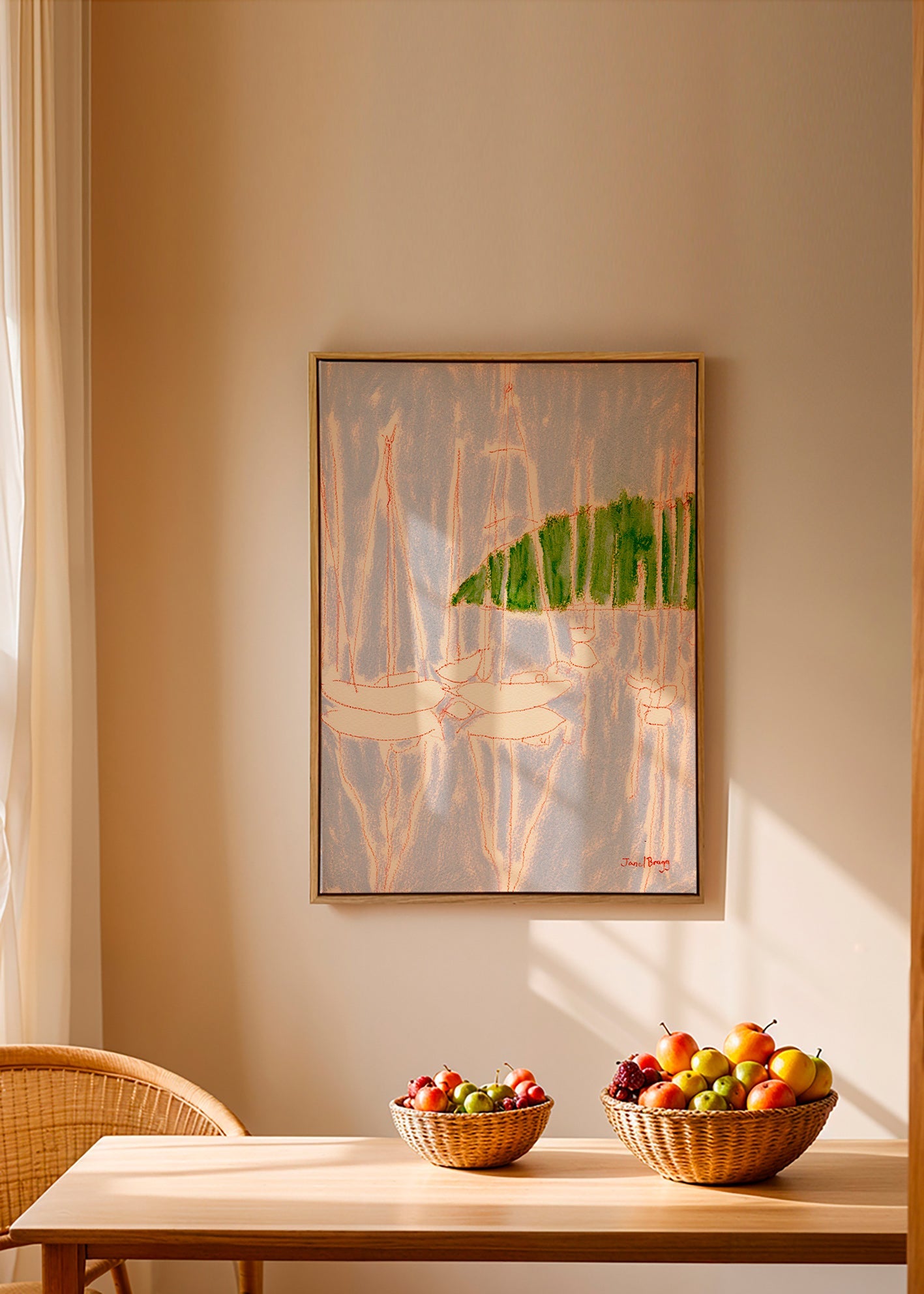 Landskabskunst med sejlbåde og grøn bakke – Canvas1