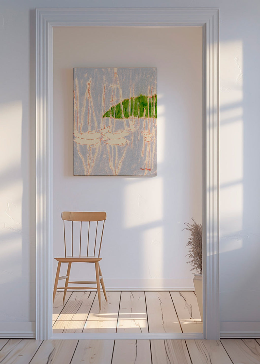 Landskabskunst med sejlbåde og grøn bakke – Canvas