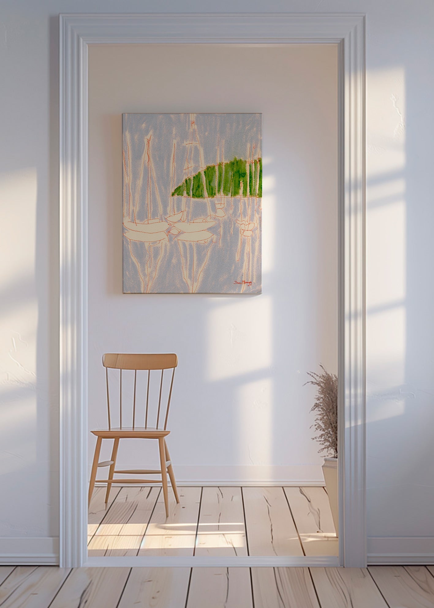 Landskabskunst med sejlbåde og grøn bakke – Canvas
