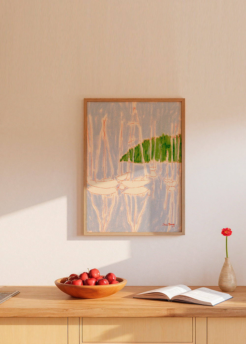 Landskabskunst med sejlbåde og grøn bakke – Product1