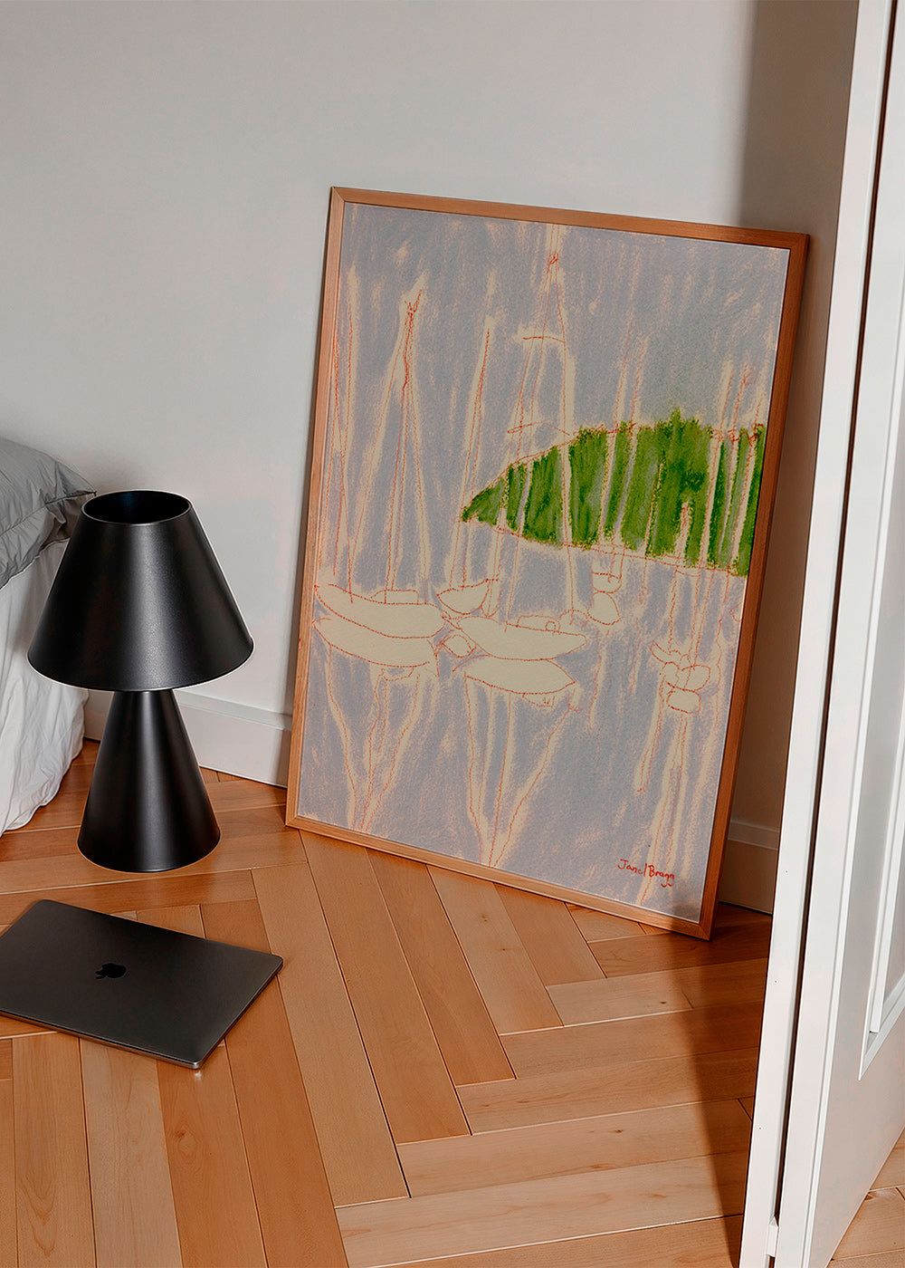 Landskabskunst med sejlbåde og grøn bakke – Product2