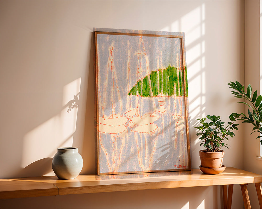 Landskabskunst med sejlbåde og grøn bakke – Product3