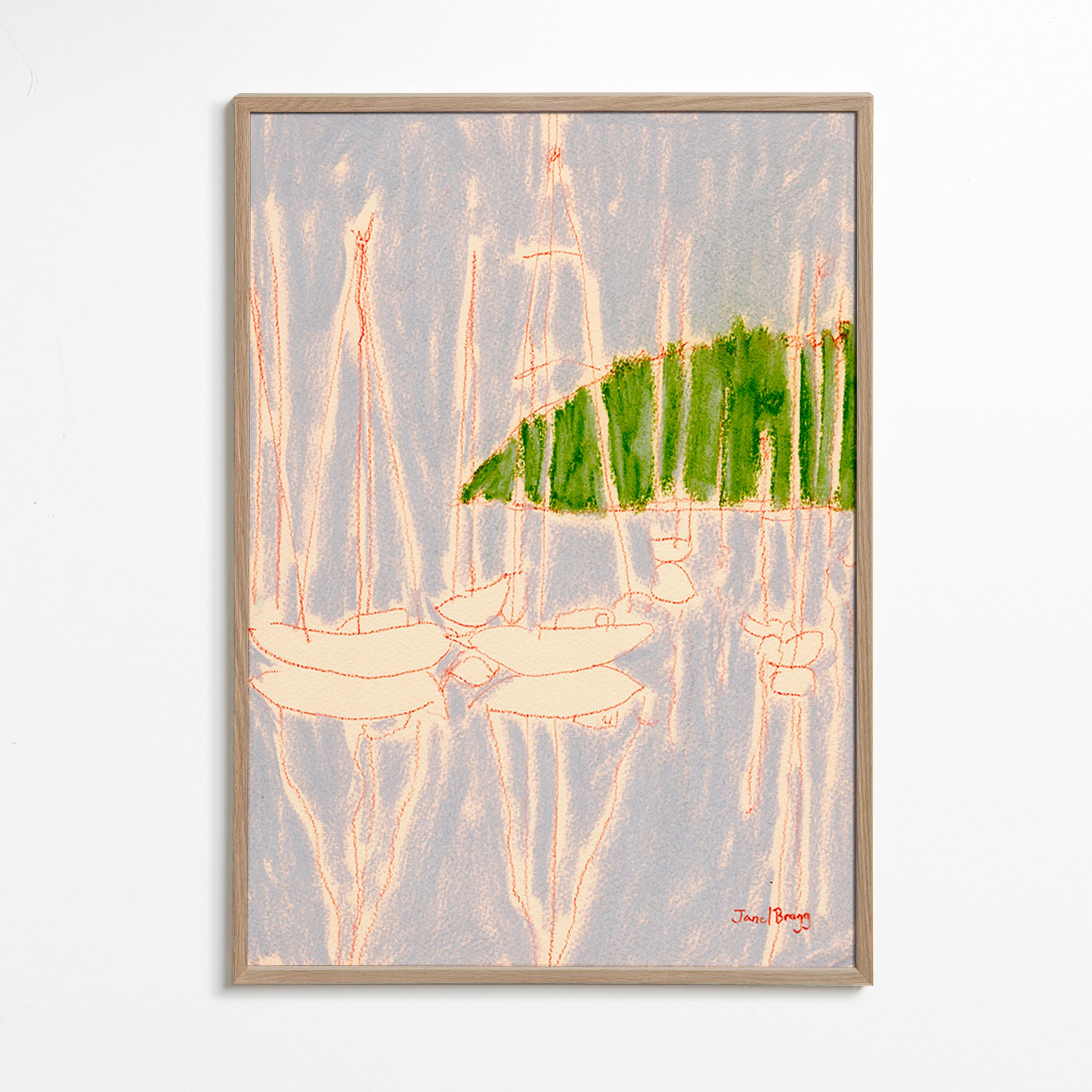 Landskabskunst med sejlbåde og grøn bakke – Oak Frame