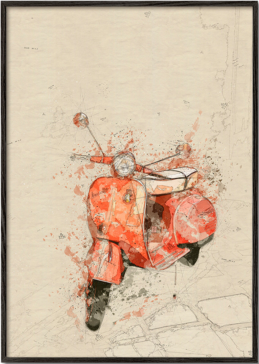 Illustration Rød Vespa på struktureret baggrund – Black Frame