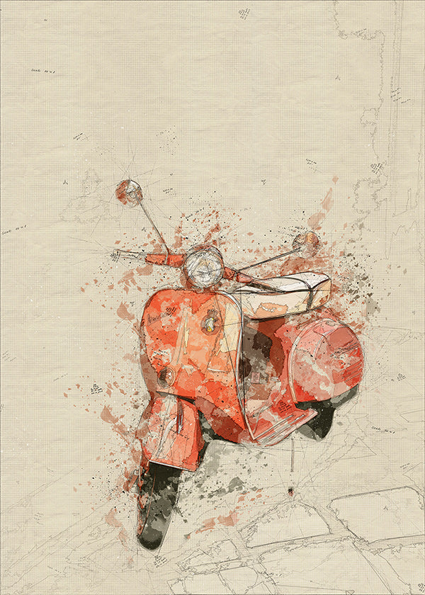 Illustration Rød Vespa på struktureret baggrund
