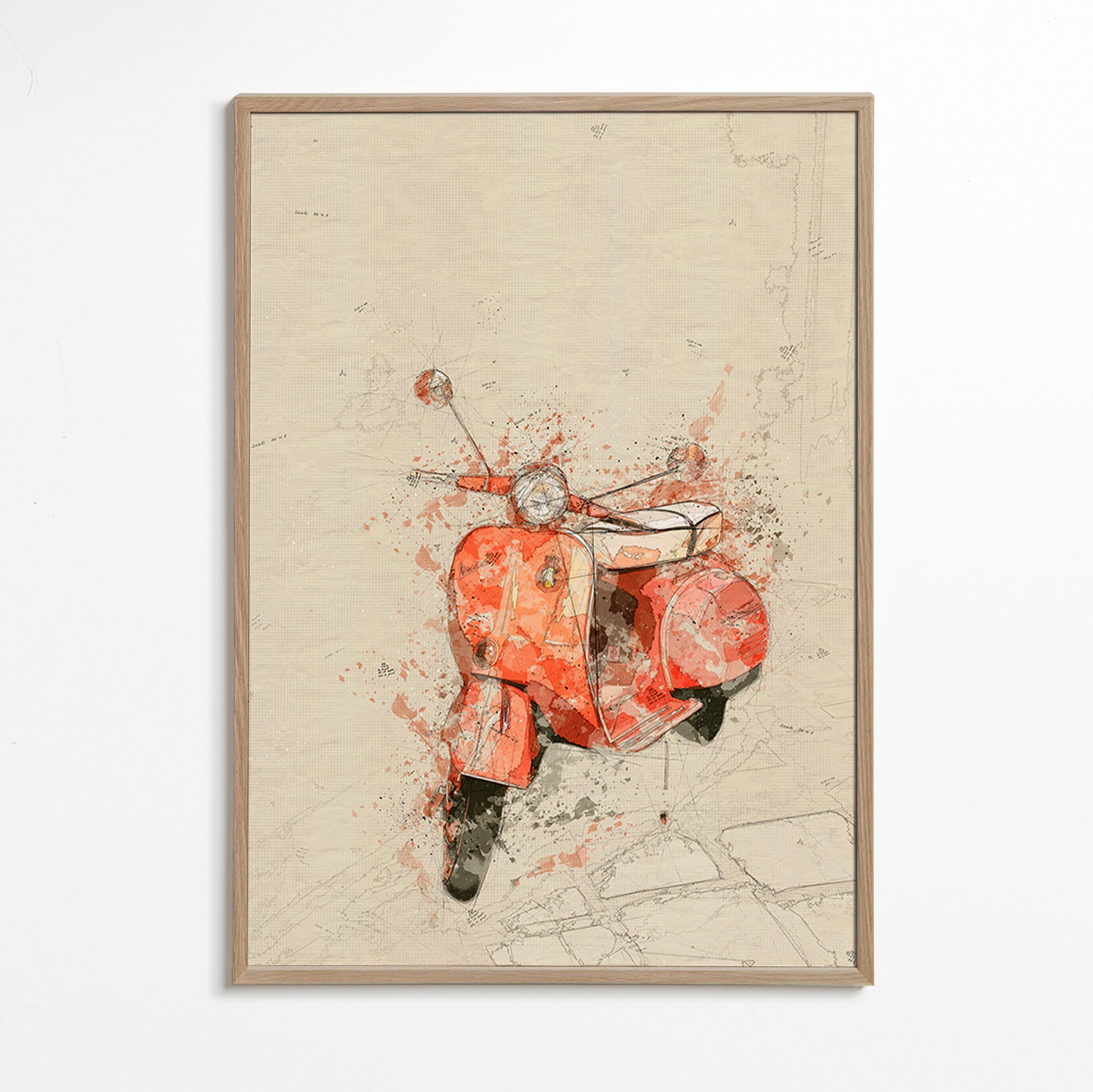 Illustration Rød Vespa på struktureret baggrund – Oak Frame