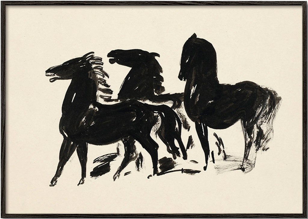 Tre heste: gestisk blæktegning – Black Frame