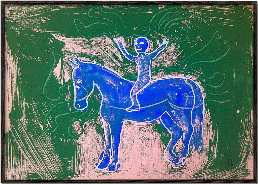Maleri blå hest med rytter – Black Frame