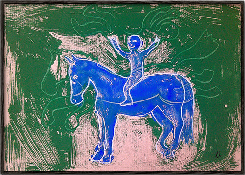 Maleri blå hest med rytter – Black Frame