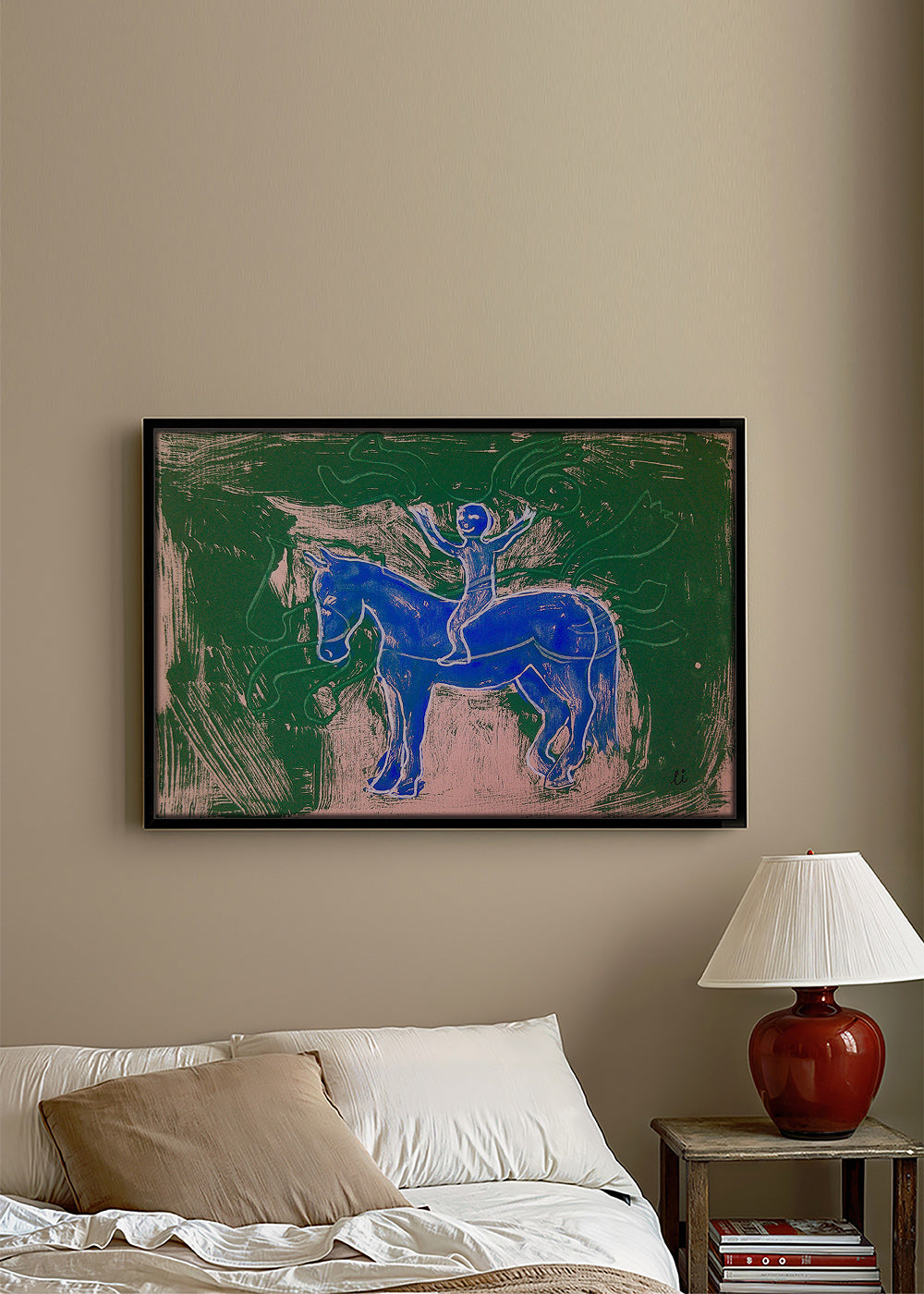 Maleri blå hest med rytter – Canvas1