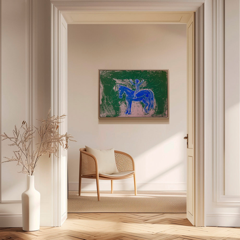 Maleri blå hest med rytter – Canvas2