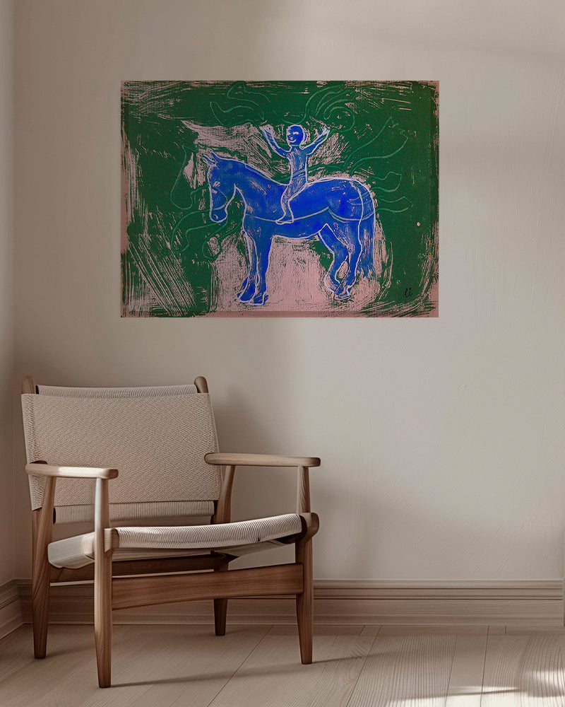 Maleri blå hest med rytter – Canvas