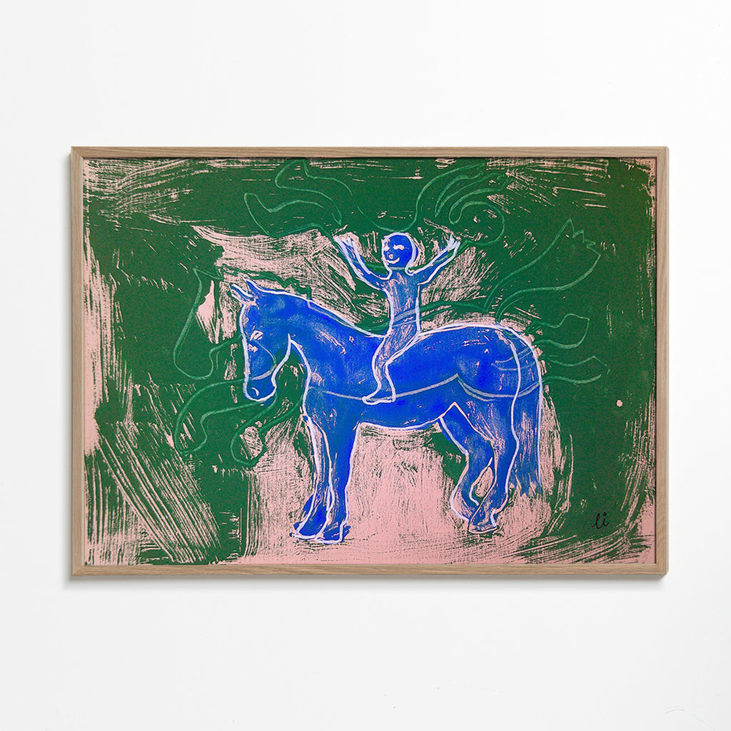 Maleri blå hest med rytter – Oak Frame