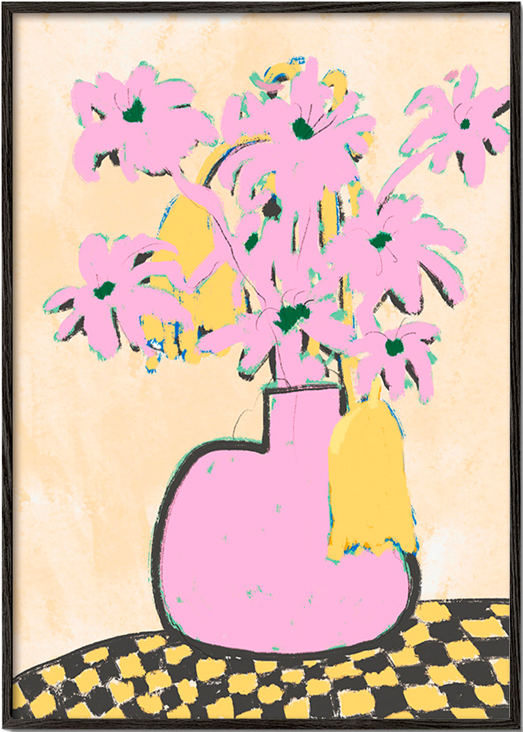 Botanisk plakat med rosa vase og blomster – Black Frame
