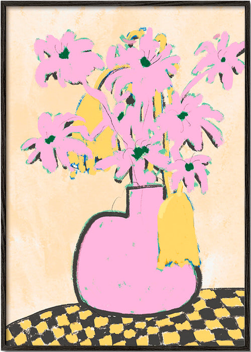 Botanisk plakat med rosa vase og blomster – Black Frame
