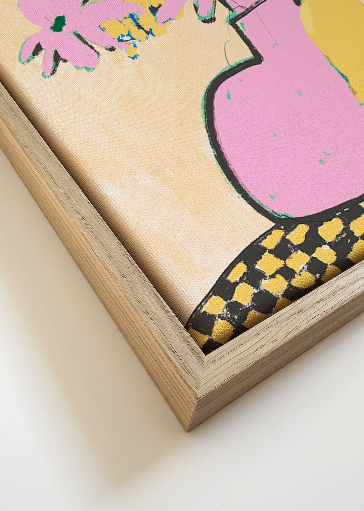 Botanisk plakat med rosa vase og blomster – Canvas detail