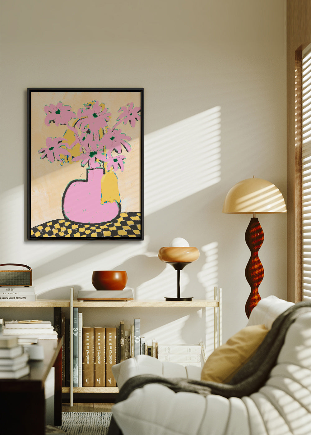 Botanisk plakat med rosa vase og blomster – Canvas1