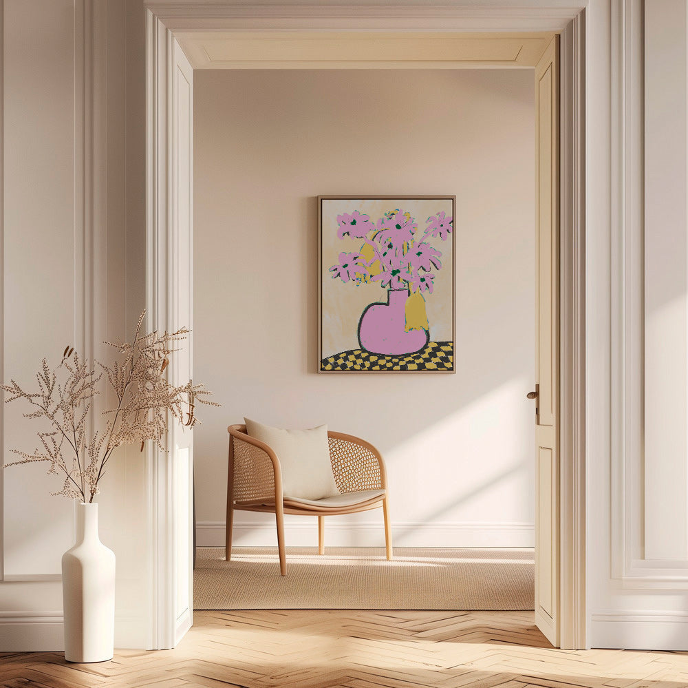 Botanisk plakat med rosa vase og blomster – Canvas2
