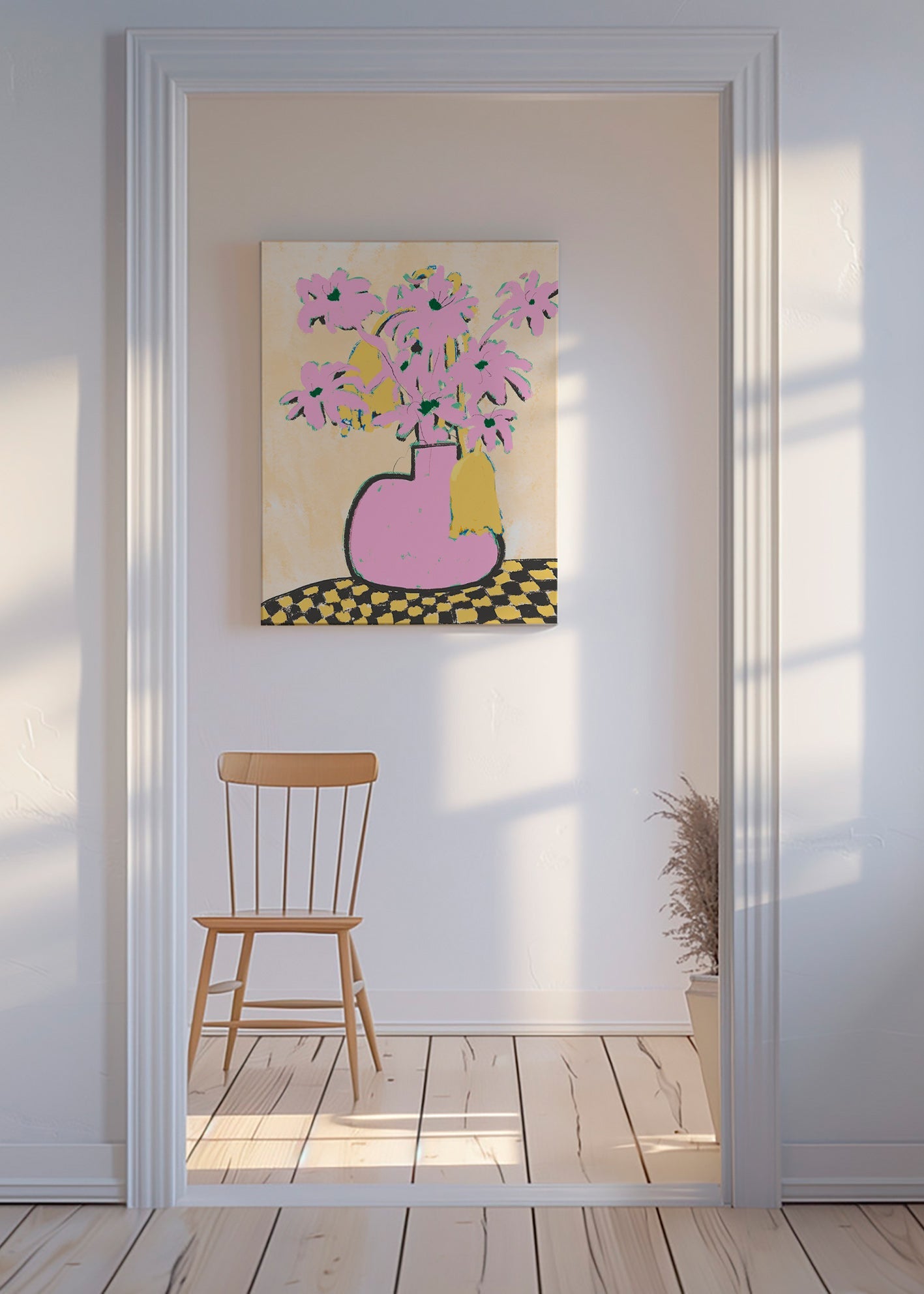 Botanisk plakat med rosa vase og blomster – Canvas
