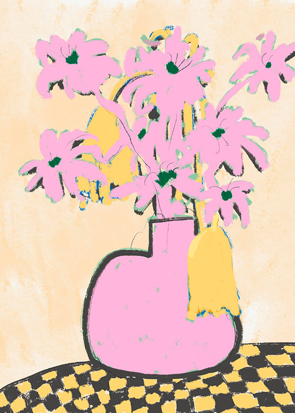 Botanisk plakat med rosa vase og blomster