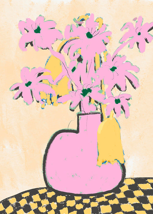 Botanisk plakat med rosa vase og blomster