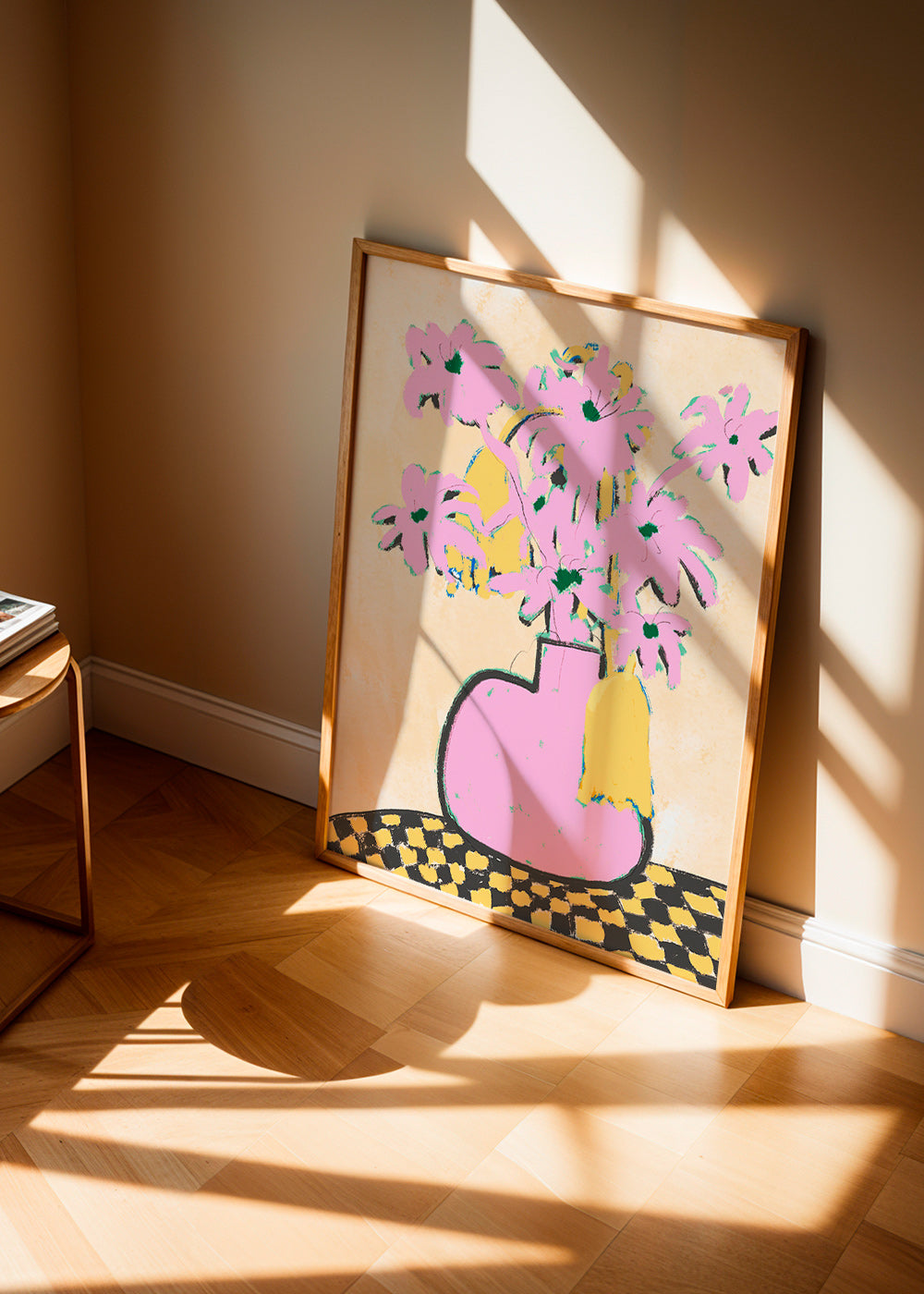 Botanisk plakat med rosa vase og blomster – Product1