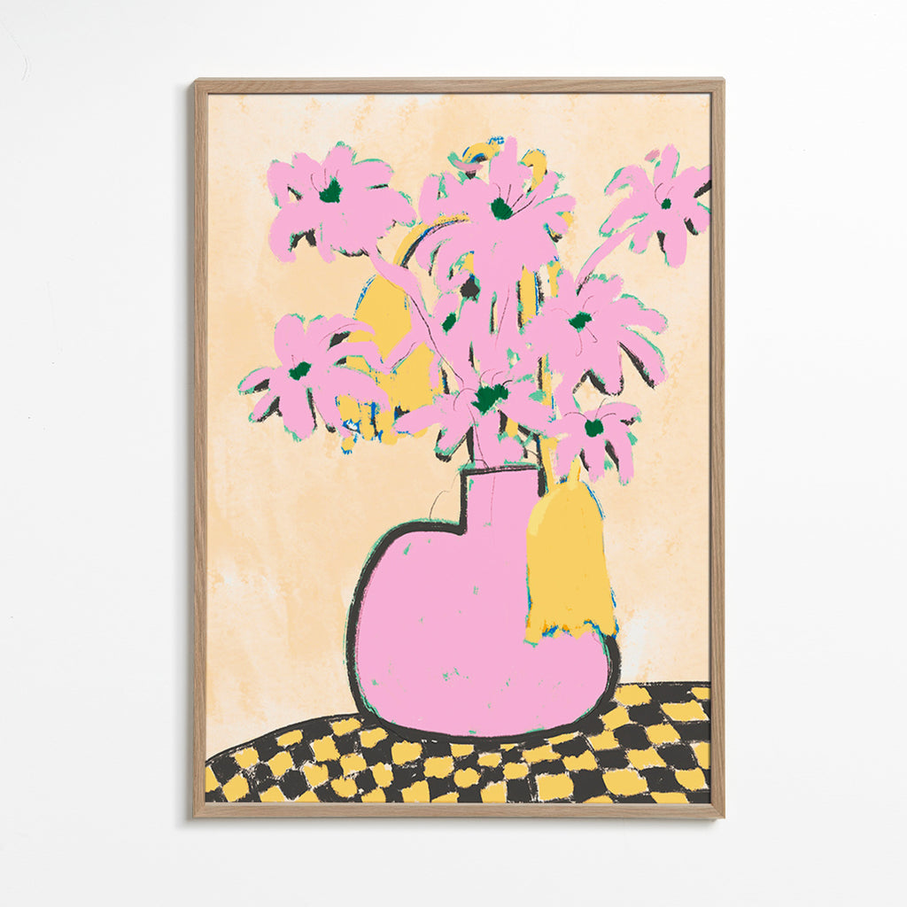 Botanisk plakat med rosa vase og blomster – Oak Frame