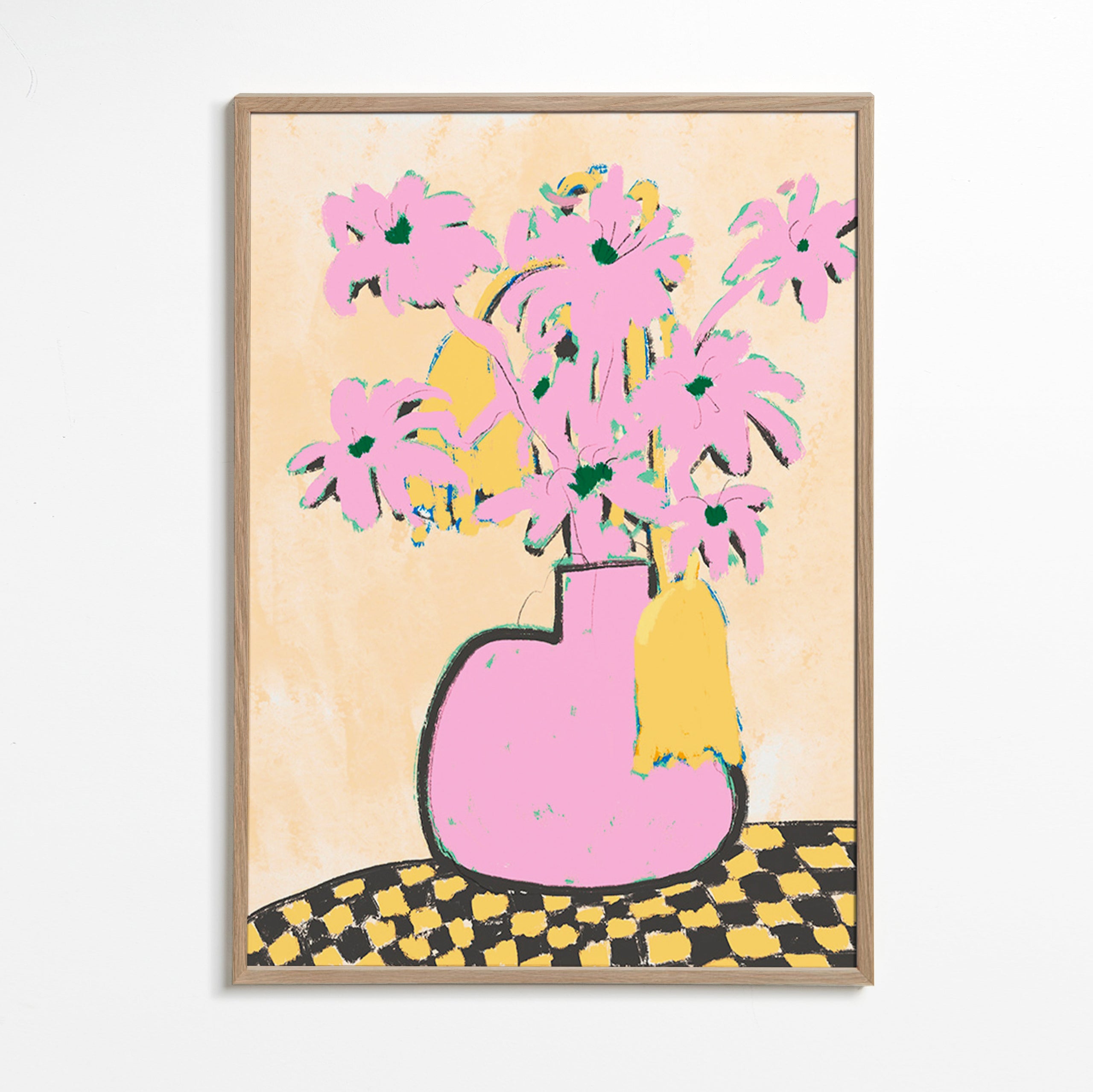 Botanisk plakat med rosa vase og blomster – Oak Frame
