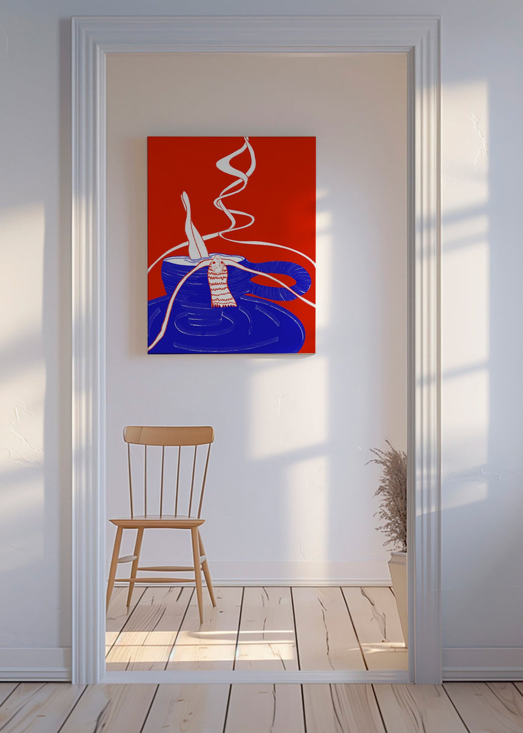 Køkkenkunst: blå kop med legende figur – Canvas