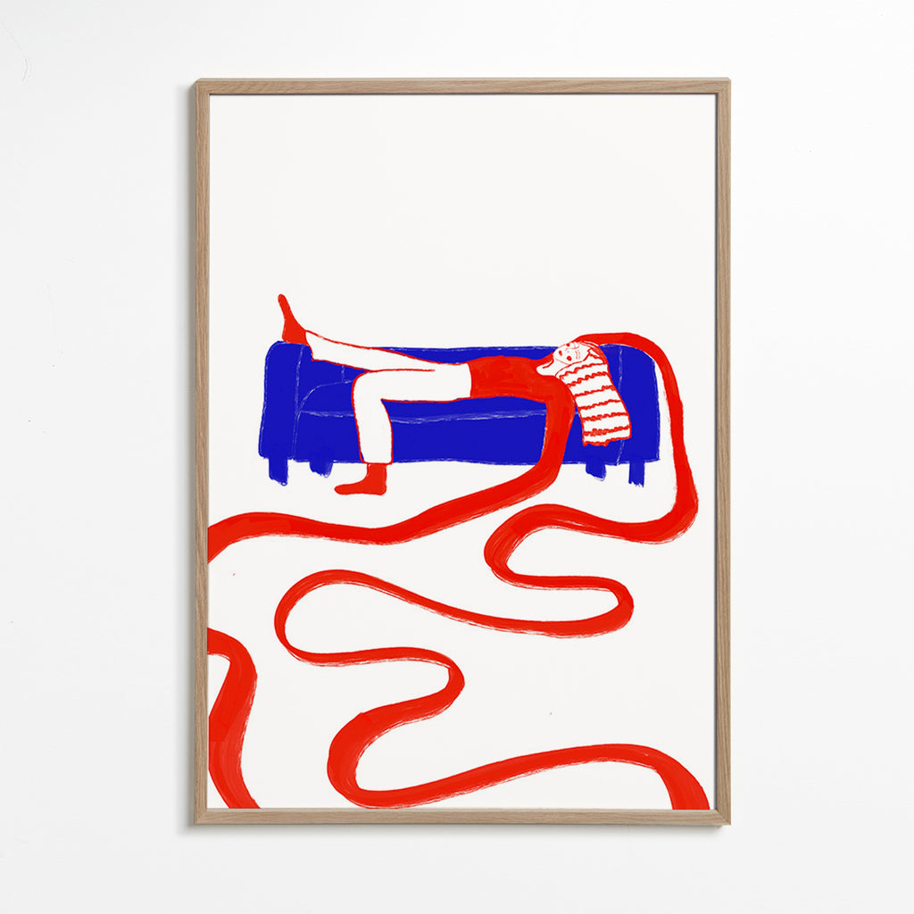 Illustration af hvilende figur på sofa – Oak Frame